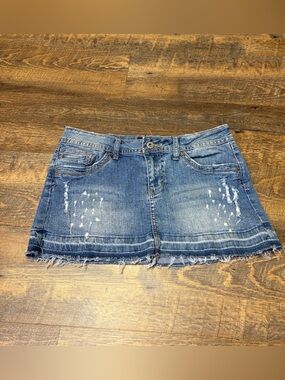 Vintage Y2K Distressed Angels Denim Jean Mini Skirt Sz 11 Grunge Indie Festival